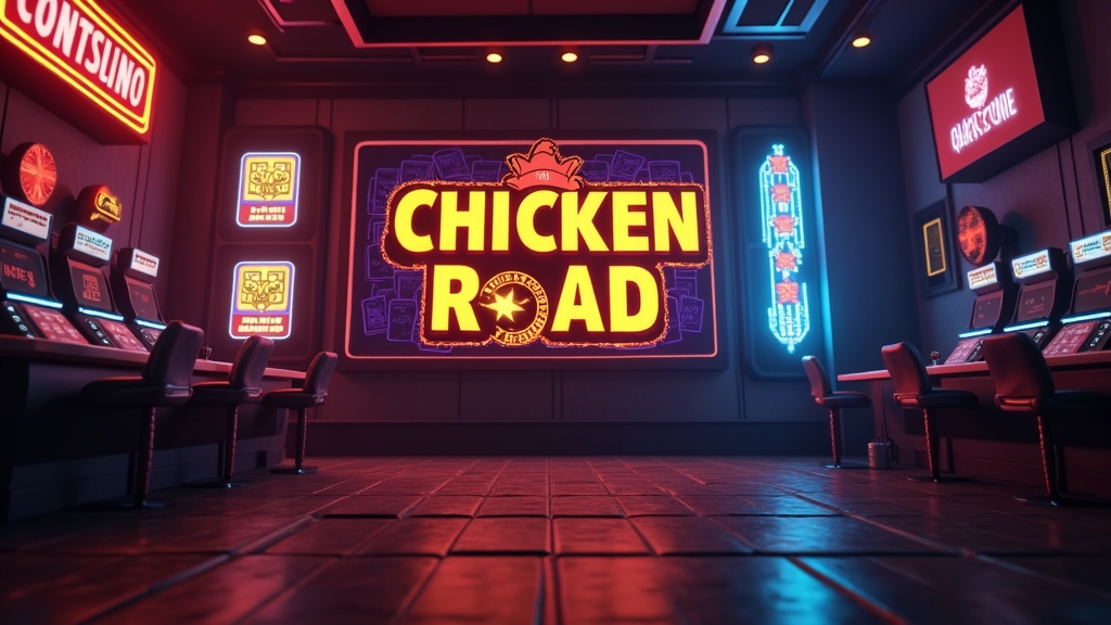 Schermata di Chicken Road con banner bonus e luci neon in un casinò scuro