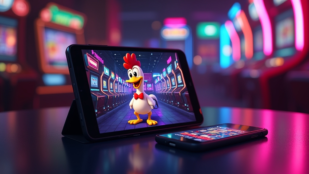 Chicken Road Demo Free su smartphone e tablet in ambiente neon